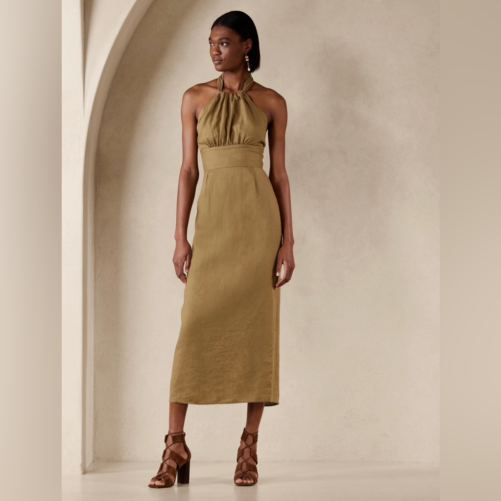 Banana Republic Lisa Linen Halter Midi Dress Khaki Column Cutout Size 8